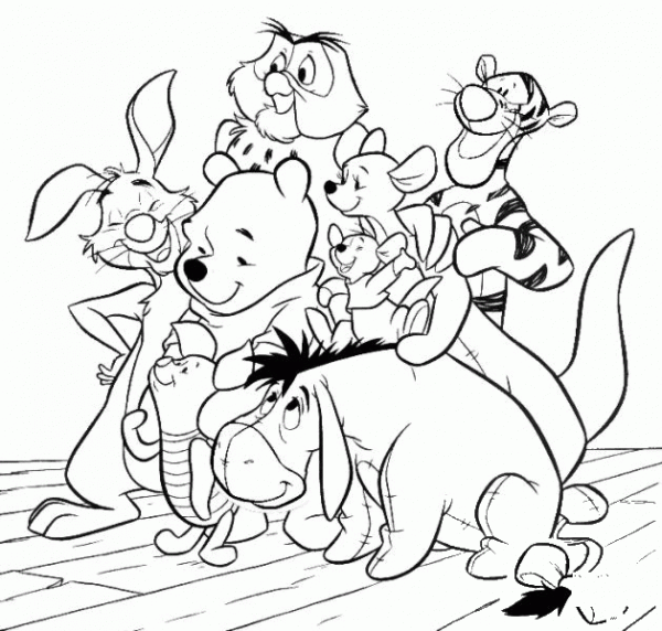 Pooh, Rabbit, Owl, Tigger, Roo and Eeyore coloring page image