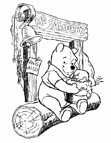 Pooh Sits And Tastes His Honey  coloring page image