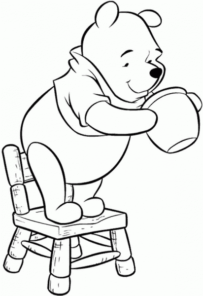 Pooh standing on His Chair and looking for a honey  coloring page image