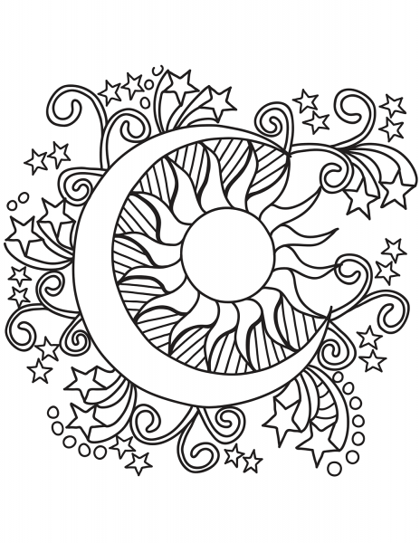 Pop Art Sun, Moon, and Stars coloring page image