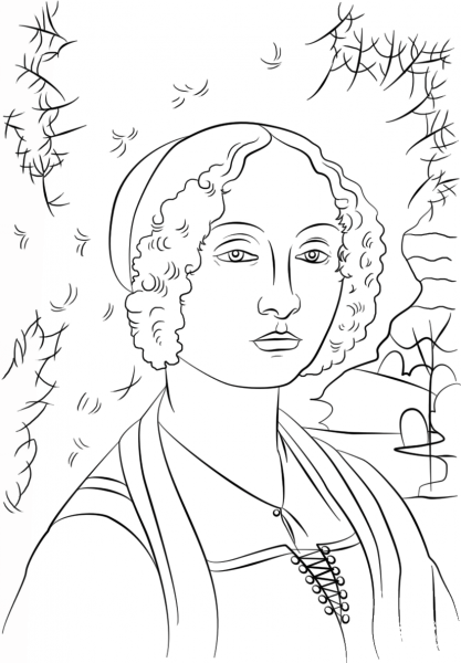 Portrait of Ginevra Benci by Leonardo Da Vinci coloring page image