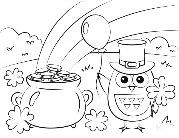 Pot of Gold, Rainbow, and St. Patrick’s Day Owl coloring page image