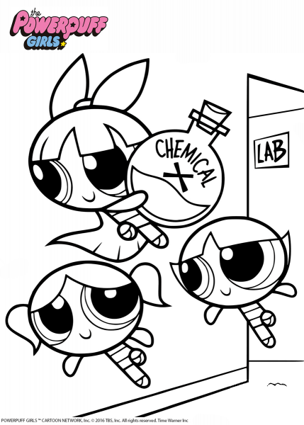 Powerpuff Girls with Chemical X coloring page image