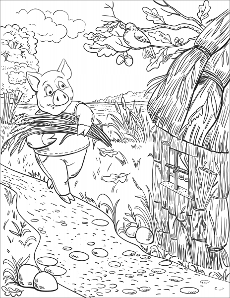 Preparing for Winter, Peter Pig Builds a Straw Hut coloring page image