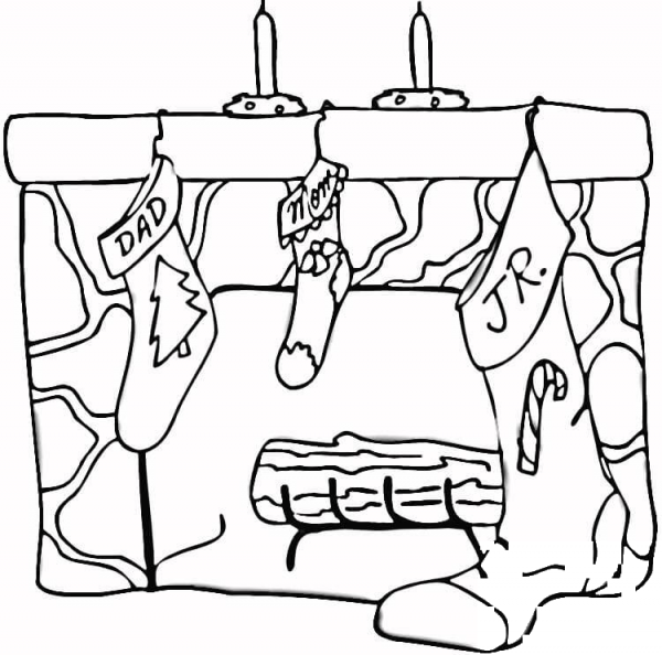 Presents at Christmas Fireplace  coloring page image