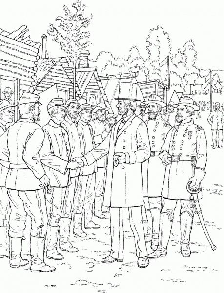 President Abraham Lincoln Greeting Soldiers coloring page image