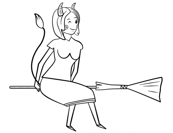 Pretty Witch on Broom coloring page image