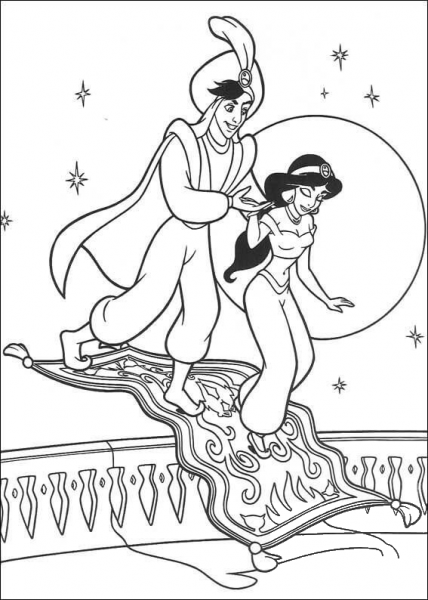 Prince Ali and Jasmine in the background of the moon coloring page image