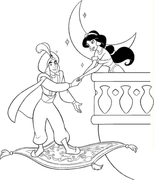 Prince Ali meets Jasmine at night coloring page image
