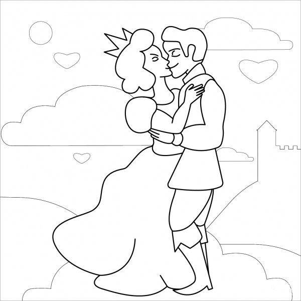 Prince and Princess Kissing coloring page image