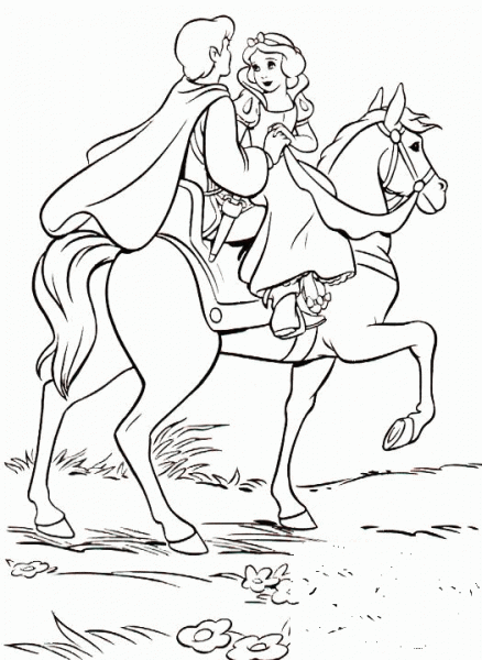 Prince and Snow White Riding a Horse coloring page image