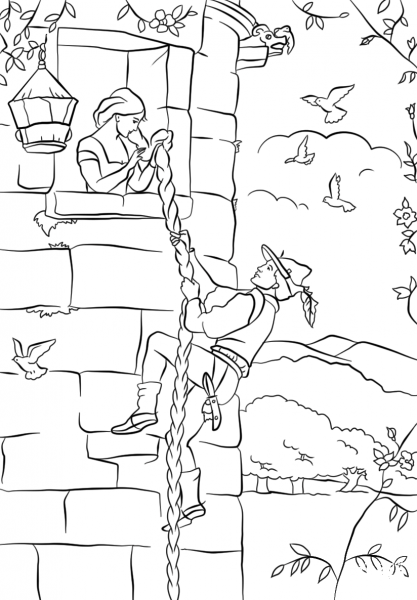 Prince Climbs up Rapunzel’s Tower coloring page image