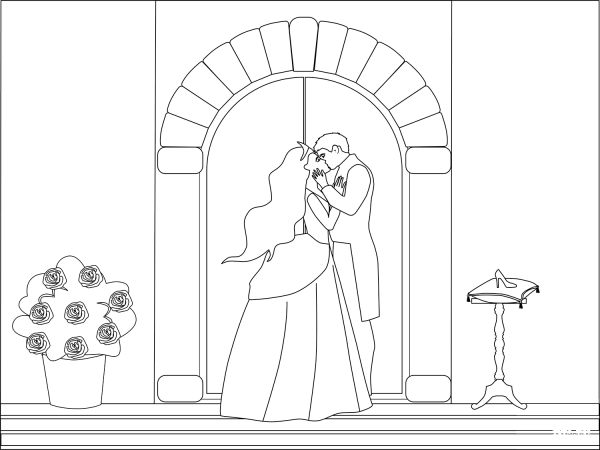 Prince Kissing Cinderella coloring page image