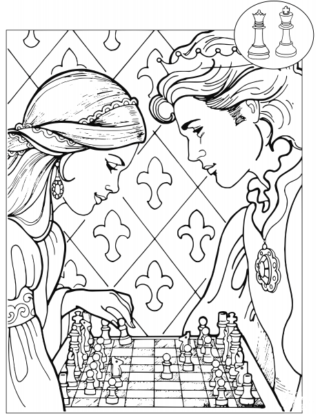 Princess and Prince Playing Chess coloring page image