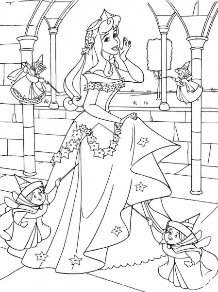 Princess Aurora with Good Fairies coloring page image
