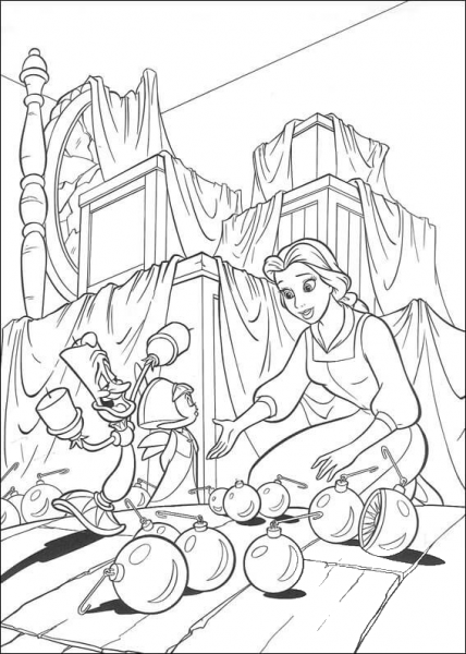 Princess Belle and Christmas balls coloring page image
