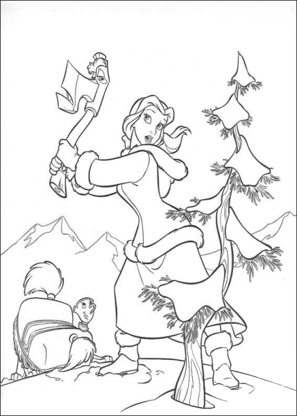 Princess Belle cuts a tree coloring page image