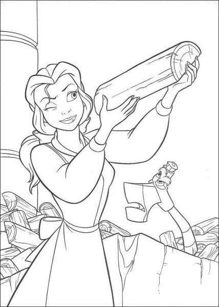 Princess Belle is holding a log coloring page image