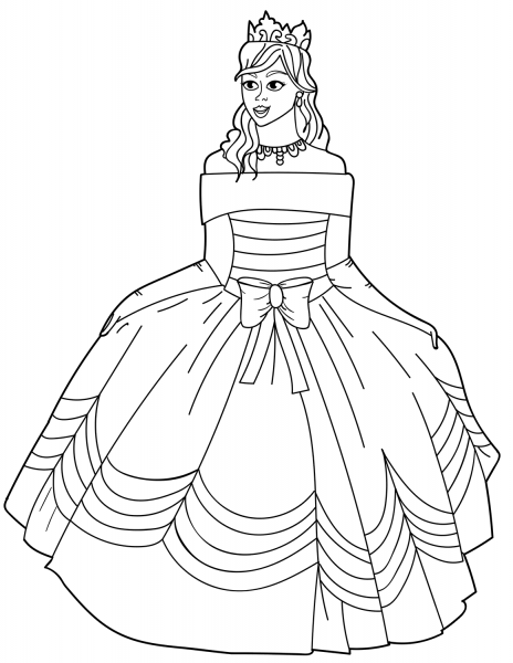 Princess in Ball Gown Off-the-Shoulder Dress coloring page image