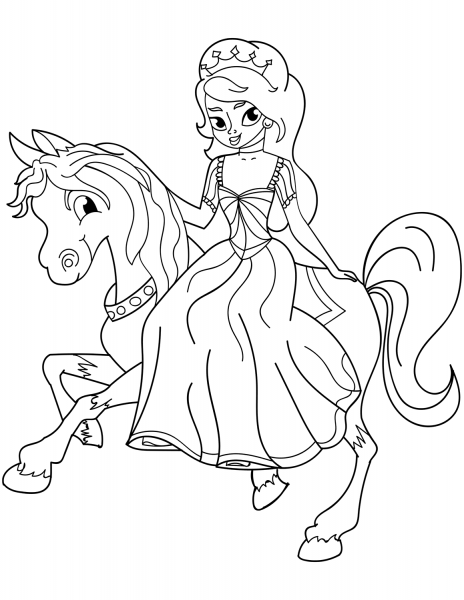 Princess Riding Horse coloring page image