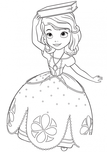 Princess Sofia with a Book on Her Head coloring page image