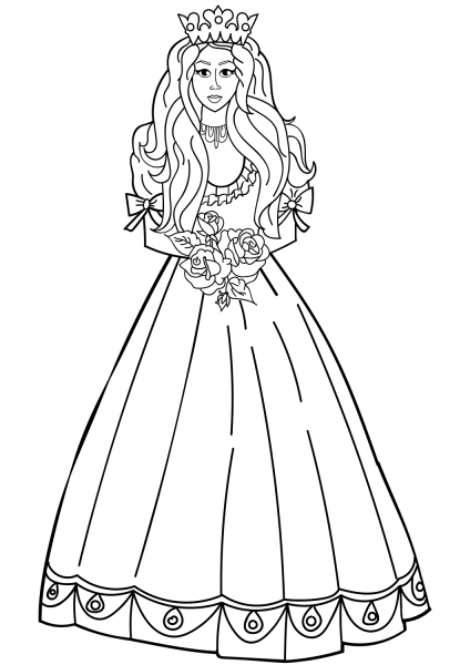 Princess with Roses Bouquet coloring page image