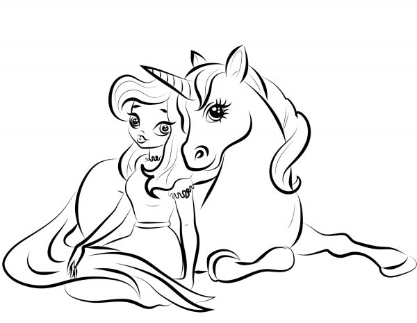 Princess with Unicorn coloring page image