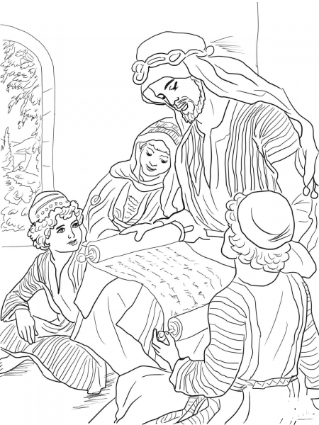 Prophet Hosea Reads to His Three Children coloring page image