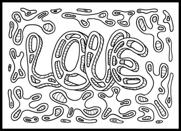 Psychedelic Pattern with Love Lettering coloring page image