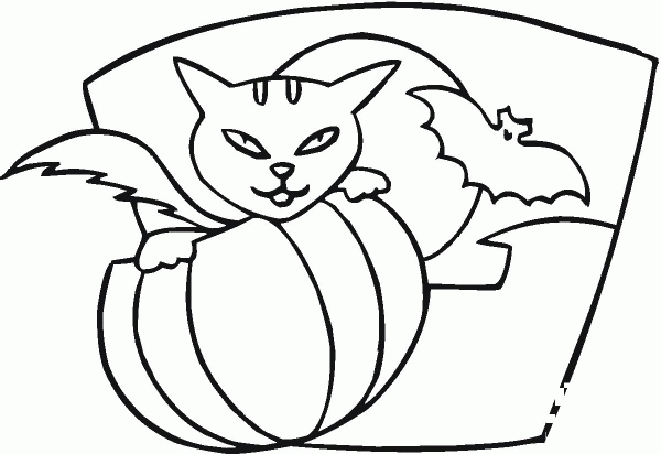 Pumpkin Cat and Bat  coloring page image