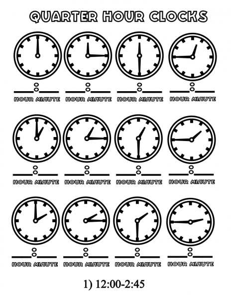 Quarter Hours Clocks 12:00-2:45 coloring page image