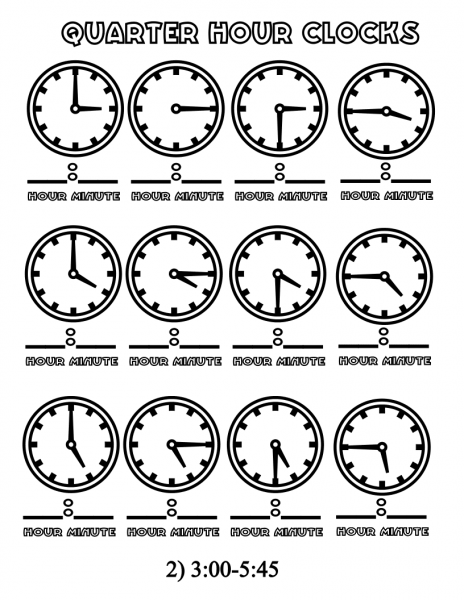 Quarter Hours Clocks 3:00-5:45 coloring page image