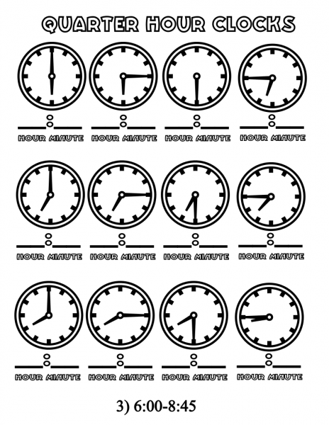 Quarter Hours Clocks 6:00-8:45 coloring page image