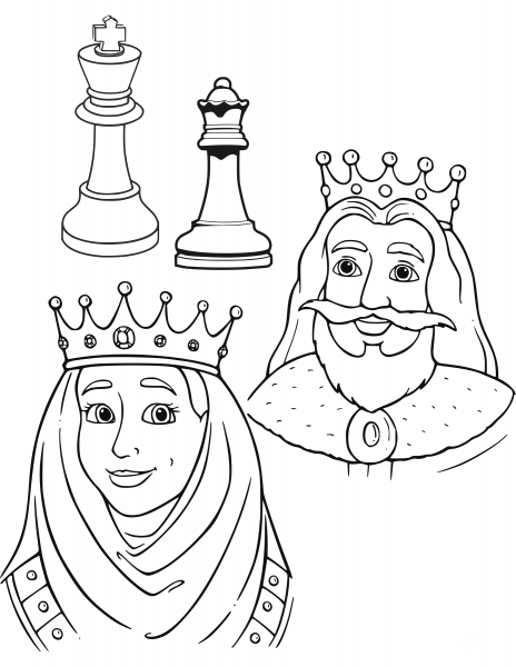 Queen and King Chess Pieces coloring page image