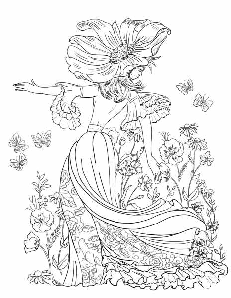 Queen of Flowers or Woman Chamomile coloring page image