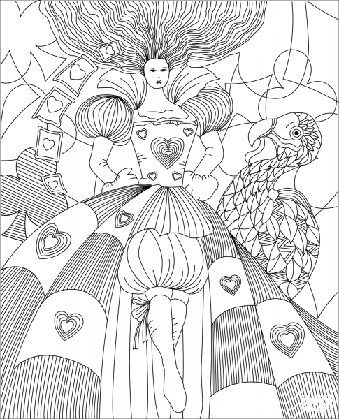 Queen of Hearts and the Dodo Bird coloring page image