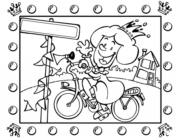 Queen on Bicycle coloring page image