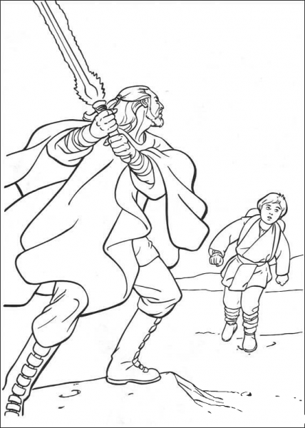 Qui-Gon Jinn and young Anakin Skywalker coloring page image