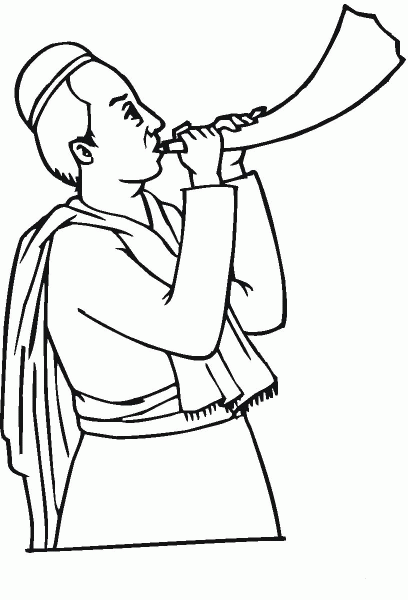 Rabbi blowing a shofar coloring page image