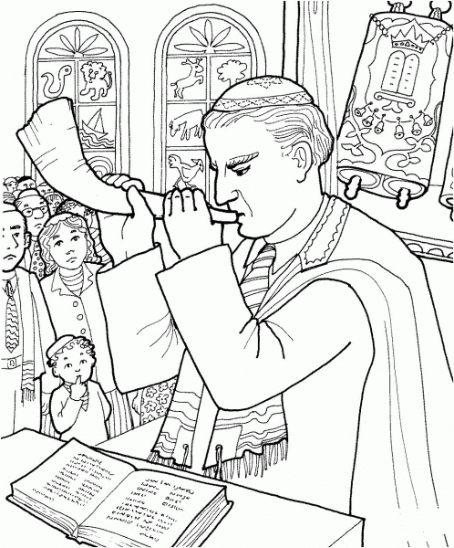 Rabbi blows a shofar in synagogue coloring page image