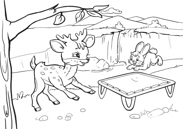 Rabbit and Deer are Bouncing on a Trampoline coloring page image