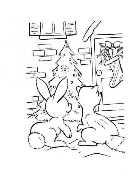 Rabbit and fox are looking at Christmas decorations coloring page image