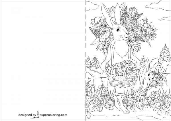 Rabbit Father with His Rabbit Son are Carrying Festive Basket Full of Easter Eggs Card coloring page image