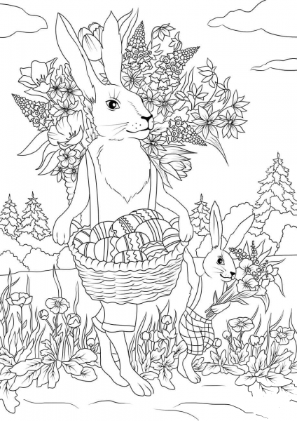 Rabbit Father with His Rabbit Son are Carrying Festive Baskets Full of Easter Eggs and Flowers coloring page image