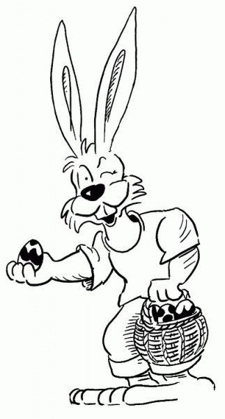 Rabbit Holds a Basket with Easter Eggs coloring page image