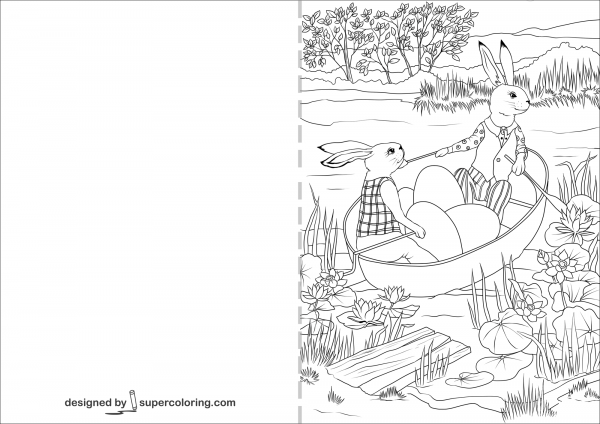 Rabbit in a Boat with Easter Eggs Card coloring page image