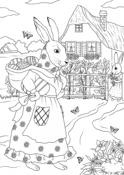 Rabbit Mother and Rabbit Daughter are Ready for the Journey on Easter coloring page image