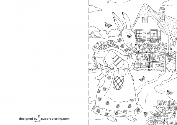 Rabbit Mother and Rabbit Dauther are Ready for a Journey on Easter Card coloring page image