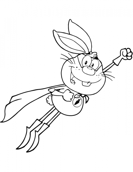 Rabbit Superhero Cartoon Character Flying coloring page image