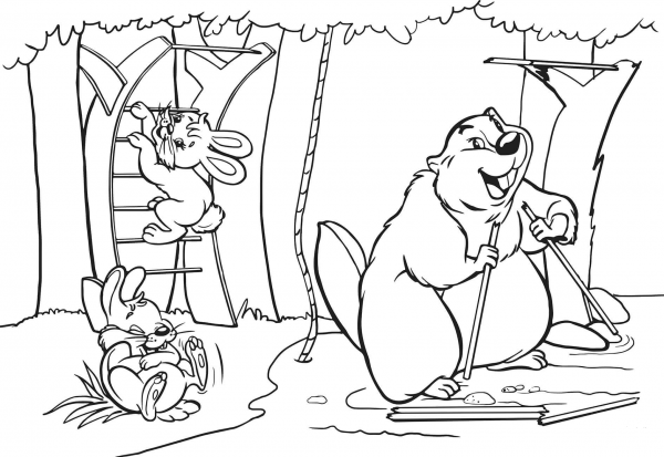 Rabbits and Beaver coloring page image